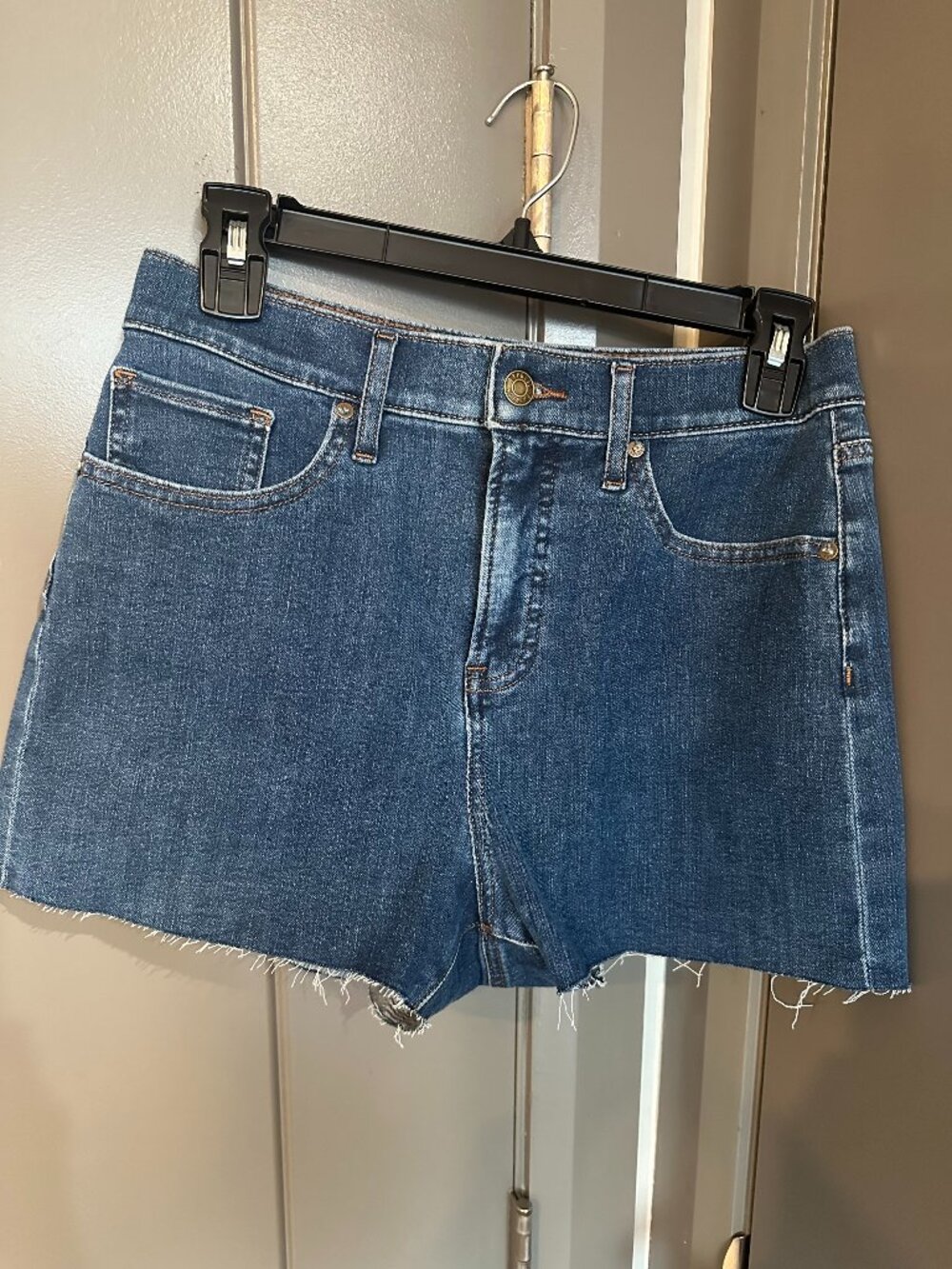 Express High Rise Denim Shorts Size 2 Dark Wash Raw Hem Stretch